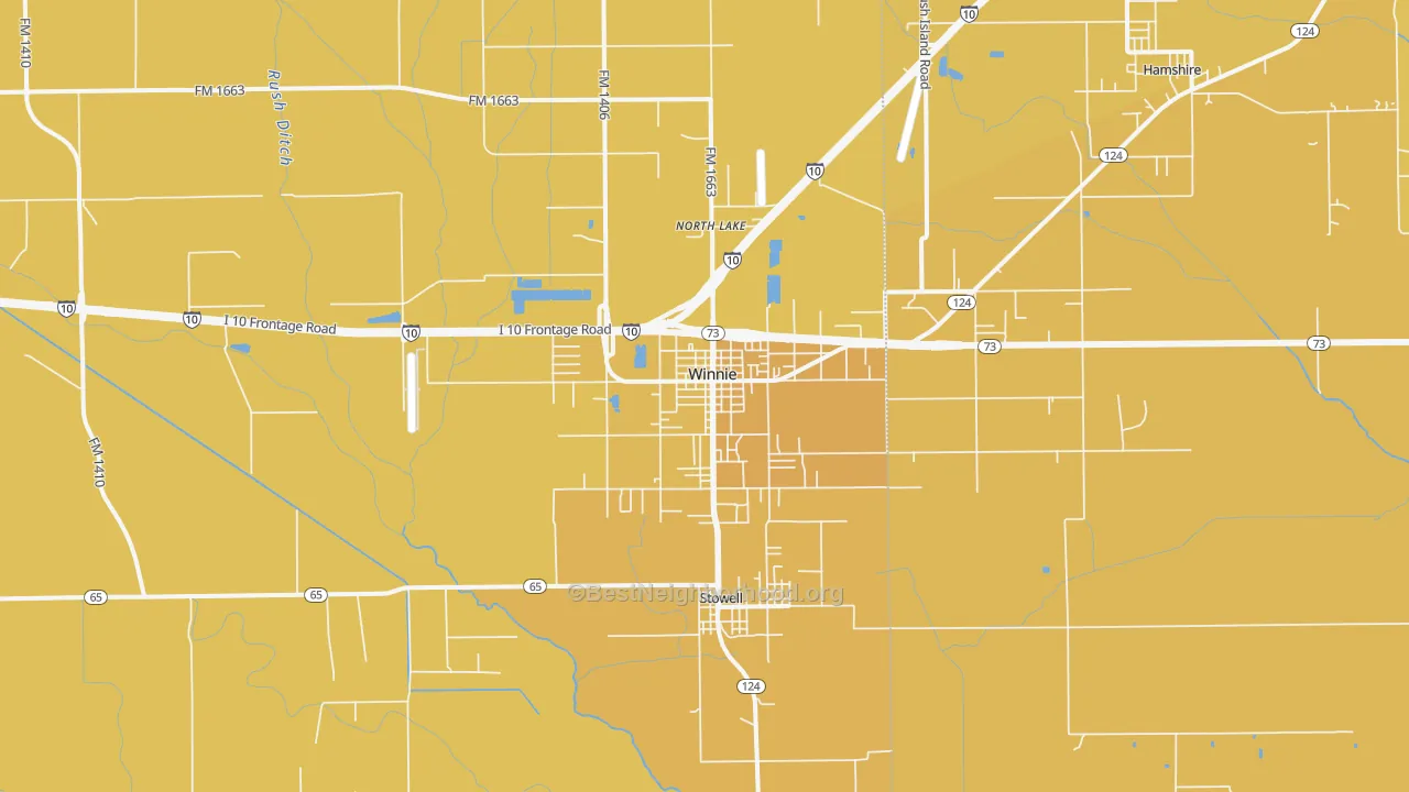 Map of the best neighborhoods in the Winnie area, with better matches in green and worse matches in red