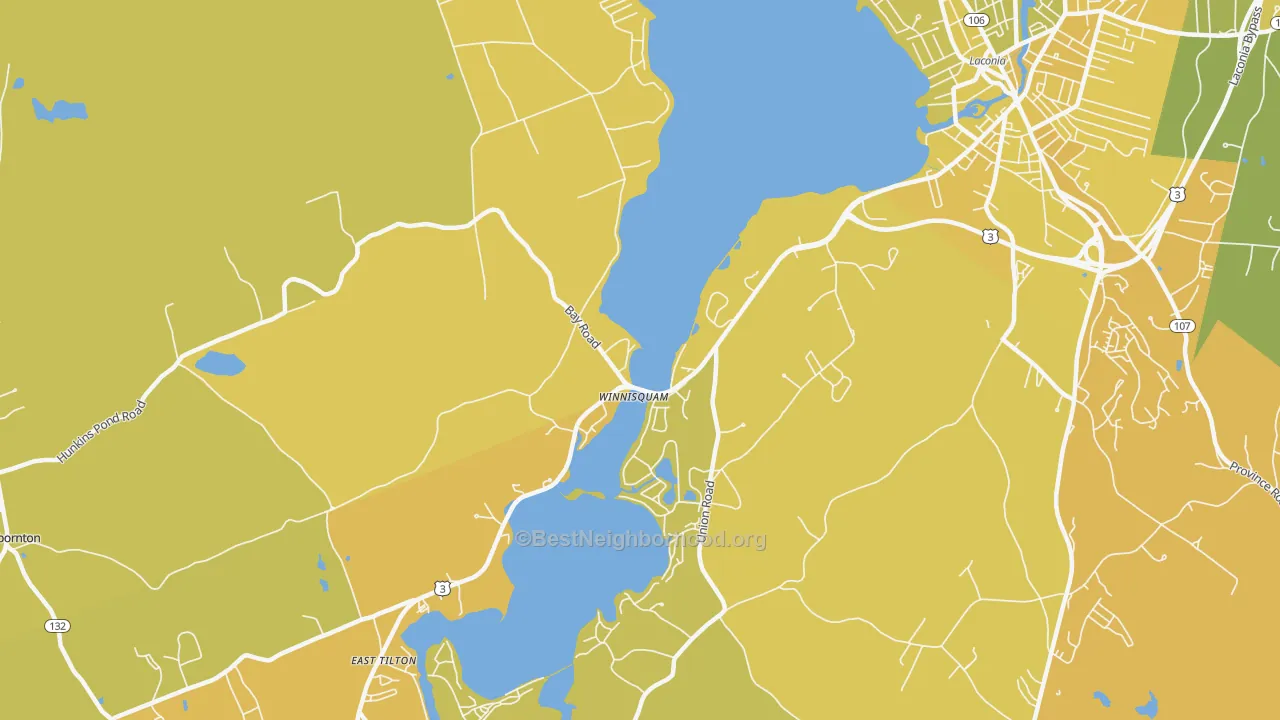 Map of the best neighborhoods in the Winnisquam area, with better matches in green and worse matches in red