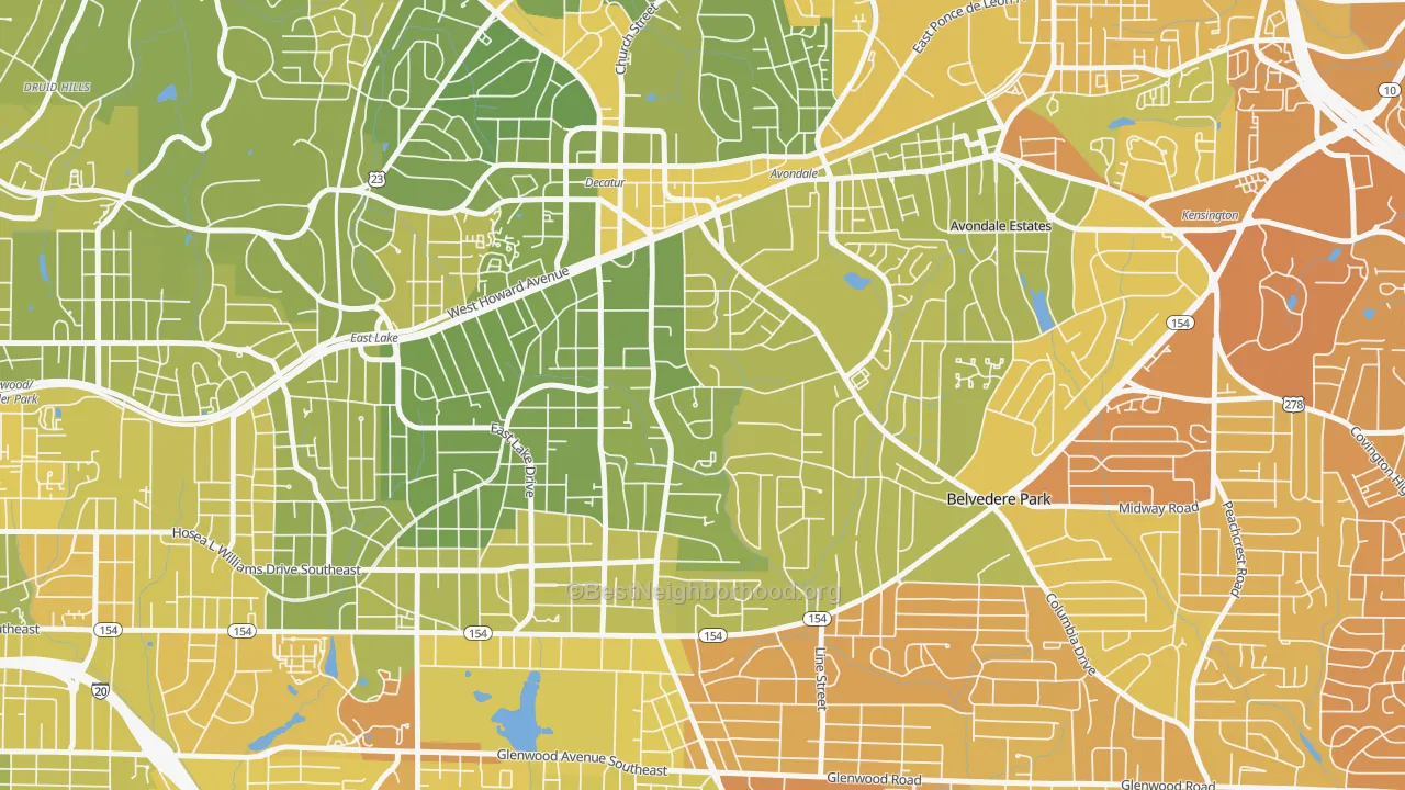 Map of the best neighborhoods in the Winnona Park, Decatur area, with better matches in green and worse matches in red