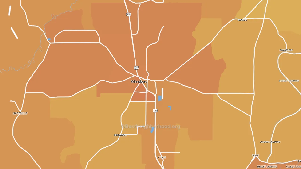 Map of the best neighborhoods in the Winnsboro area, with better matches in green and worse matches in red