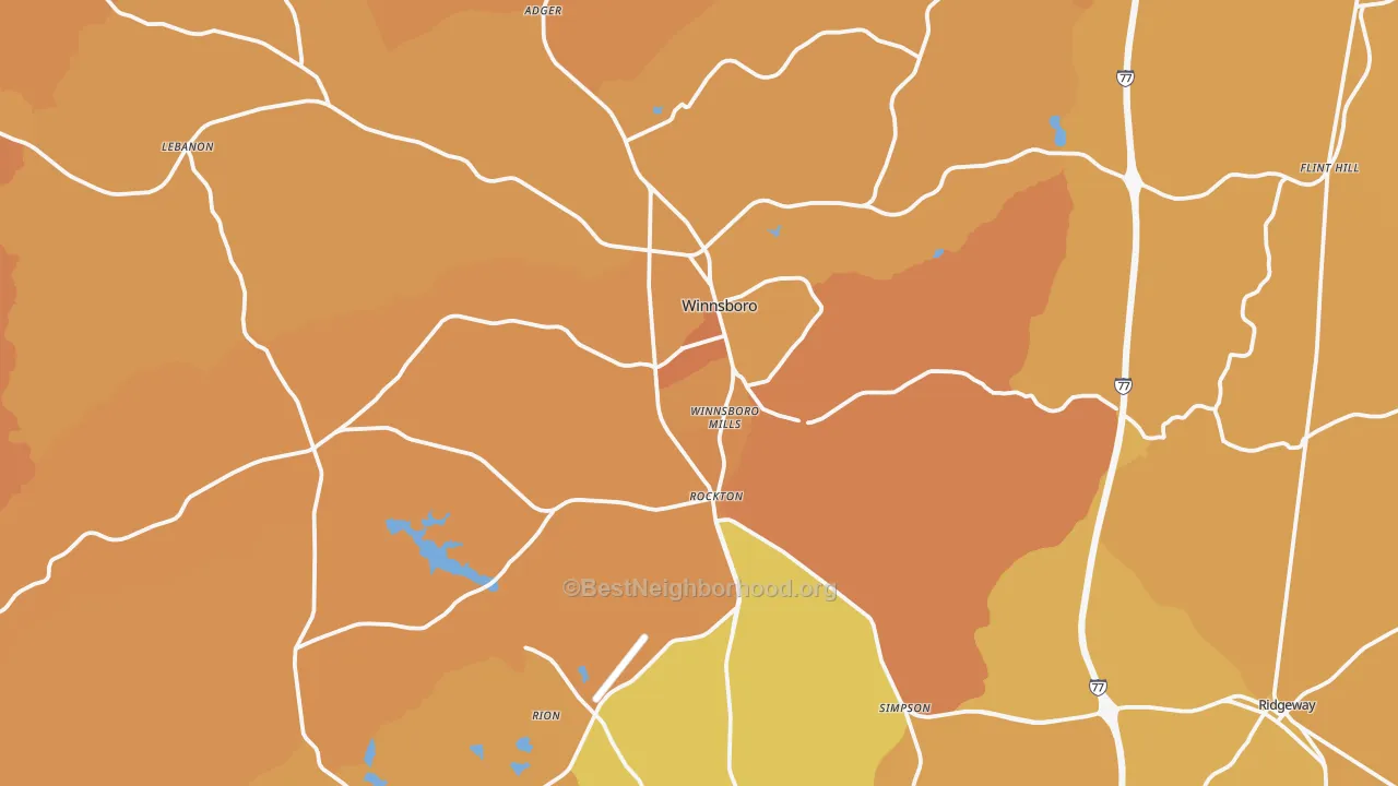 Map of the best neighborhoods in the Winnsboro area, with better matches in green and worse matches in red