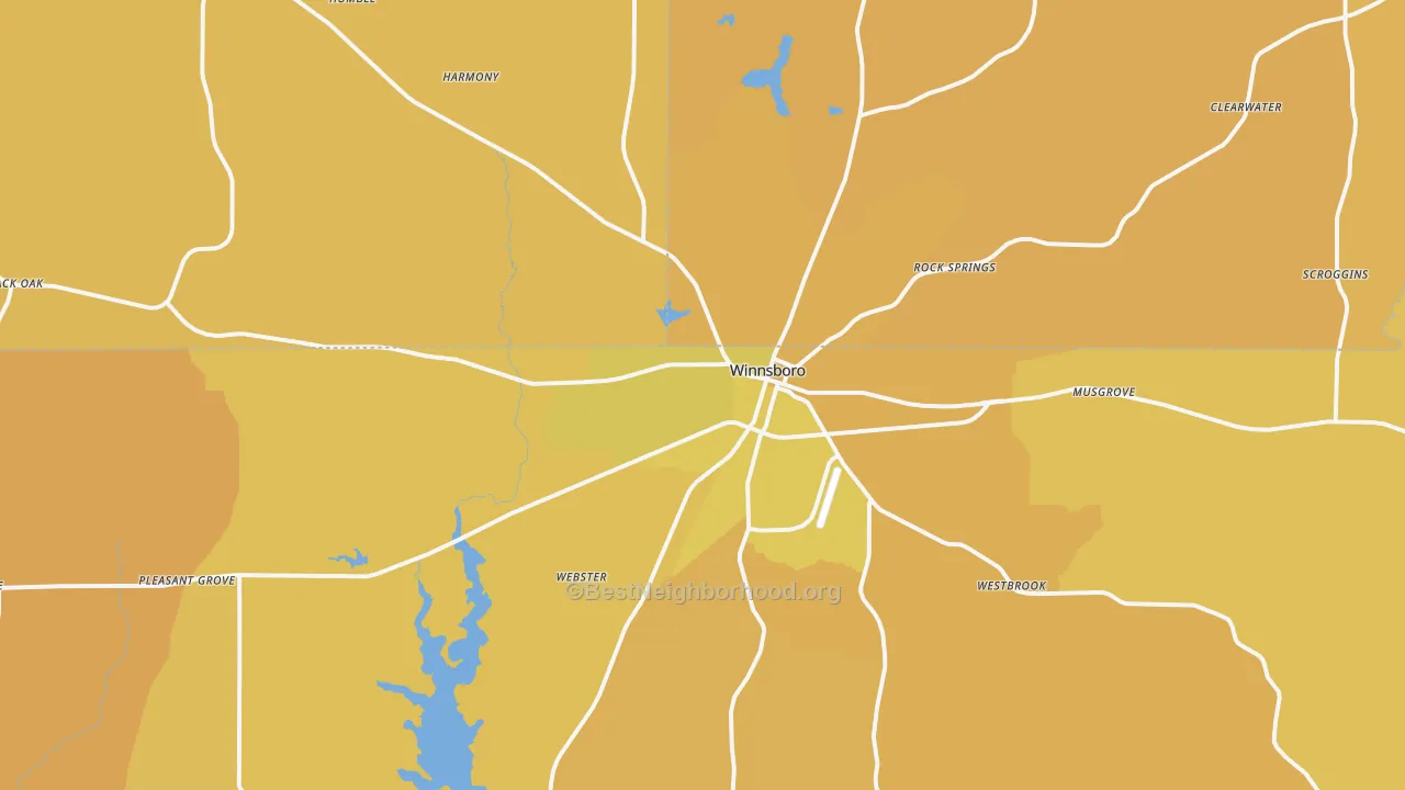 Map of the best neighborhoods in the Winnsboro area, with better matches in green and worse matches in red