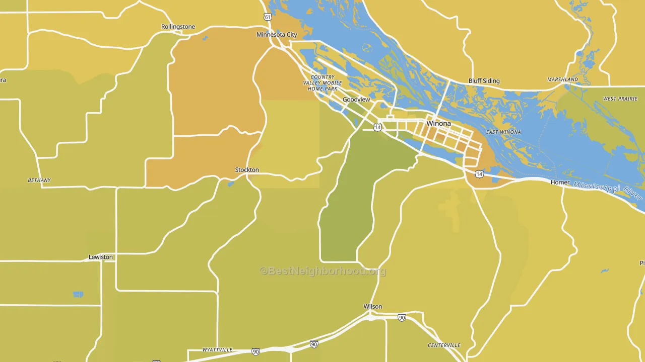 Map of the best neighborhoods in the Winona County area, with better matches in green and worse matches in red