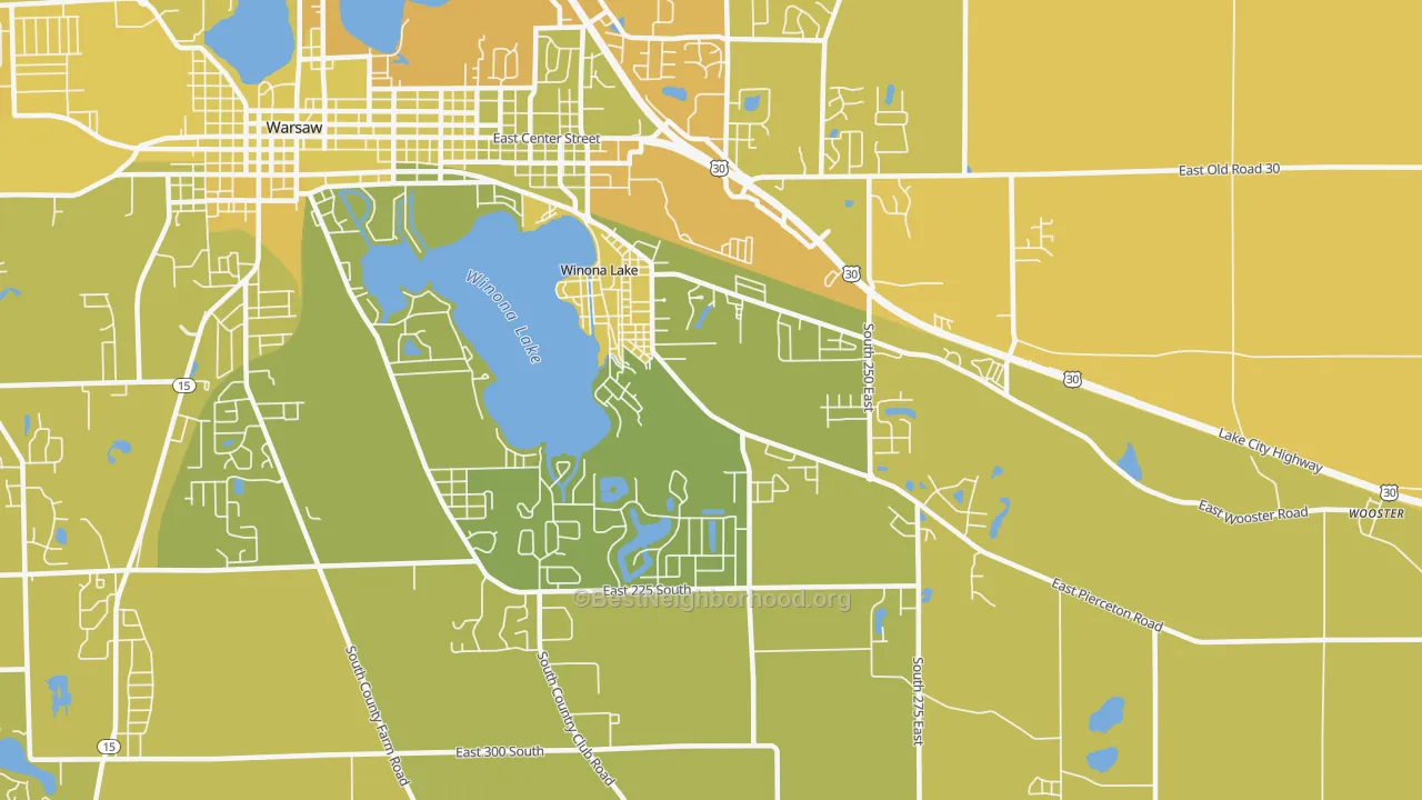 Map of the best neighborhoods in the Winona Lake area, with better matches in green and worse matches in red