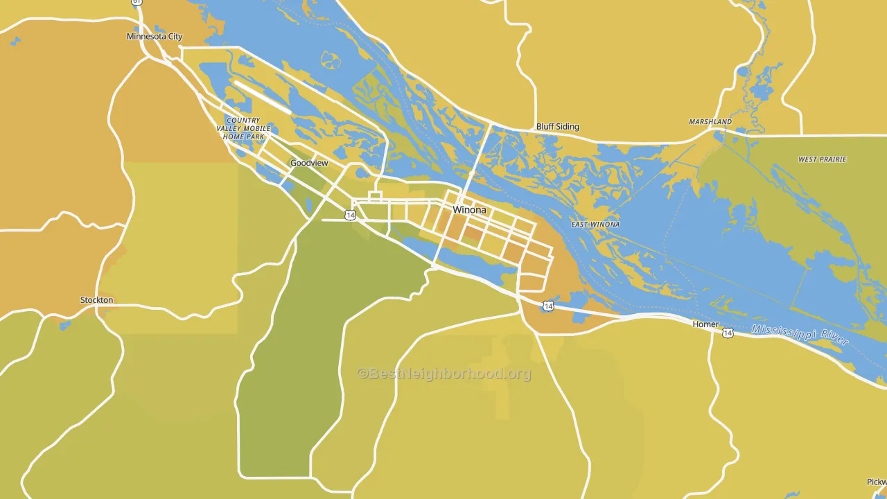 Map of the best neighborhoods in the Winona area, with better matches in green and worse matches in red