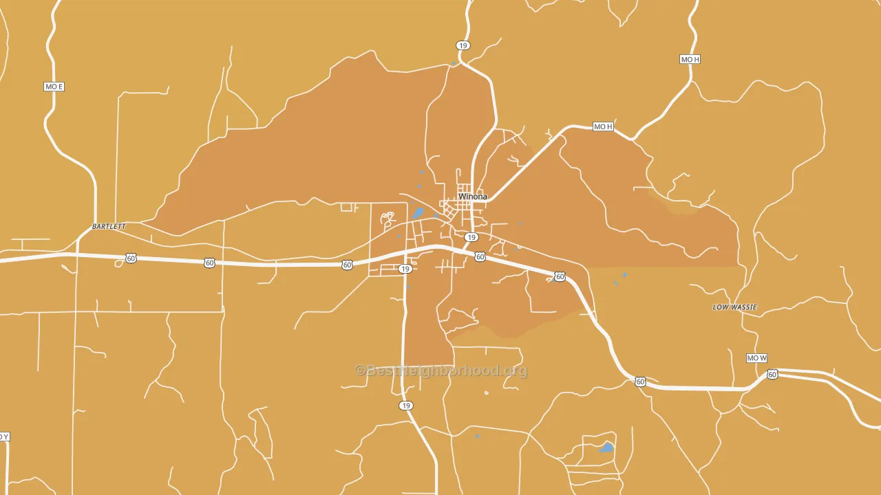 Map of the best neighborhoods in the Winona area, with better matches in green and worse matches in red