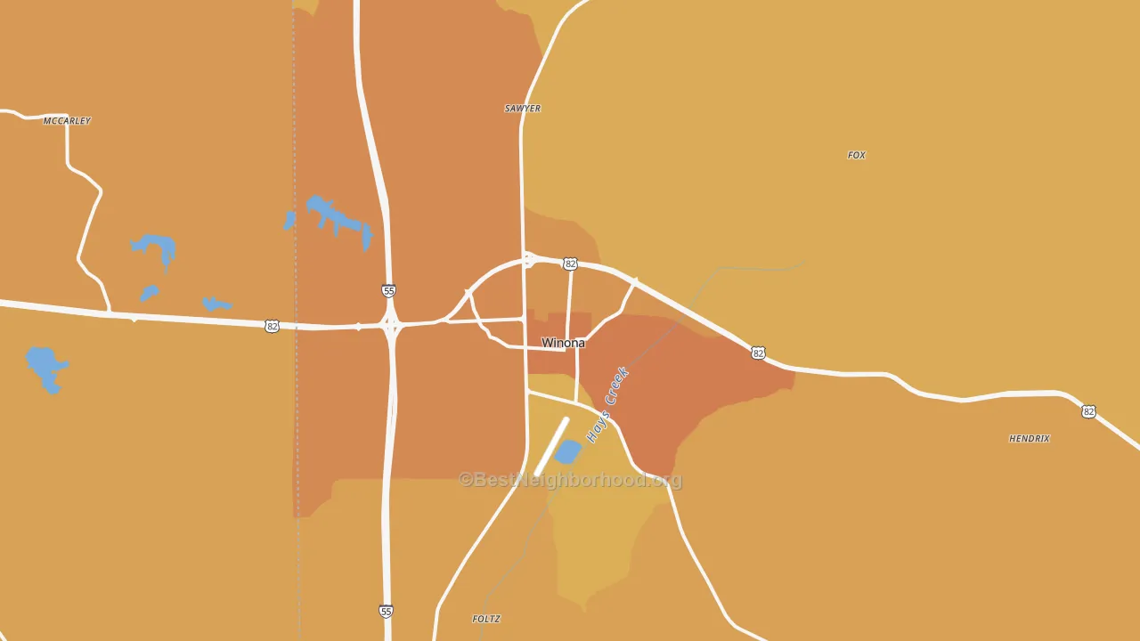 Map of the best neighborhoods in the Winona area, with better matches in green and worse matches in red