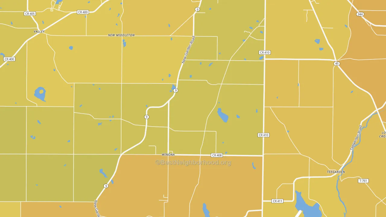 Map of the best neighborhoods in the Winona area, with better matches in green and worse matches in red
