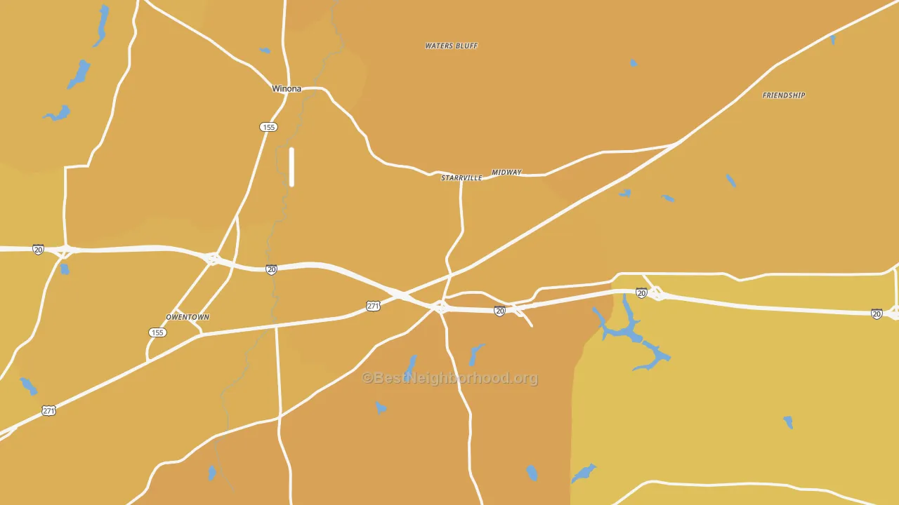 Map of the best neighborhoods in the Winona area, with better matches in green and worse matches in red