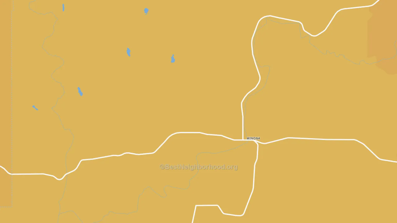 Map of the best neighborhoods in the Winona area, with better matches in green and worse matches in red