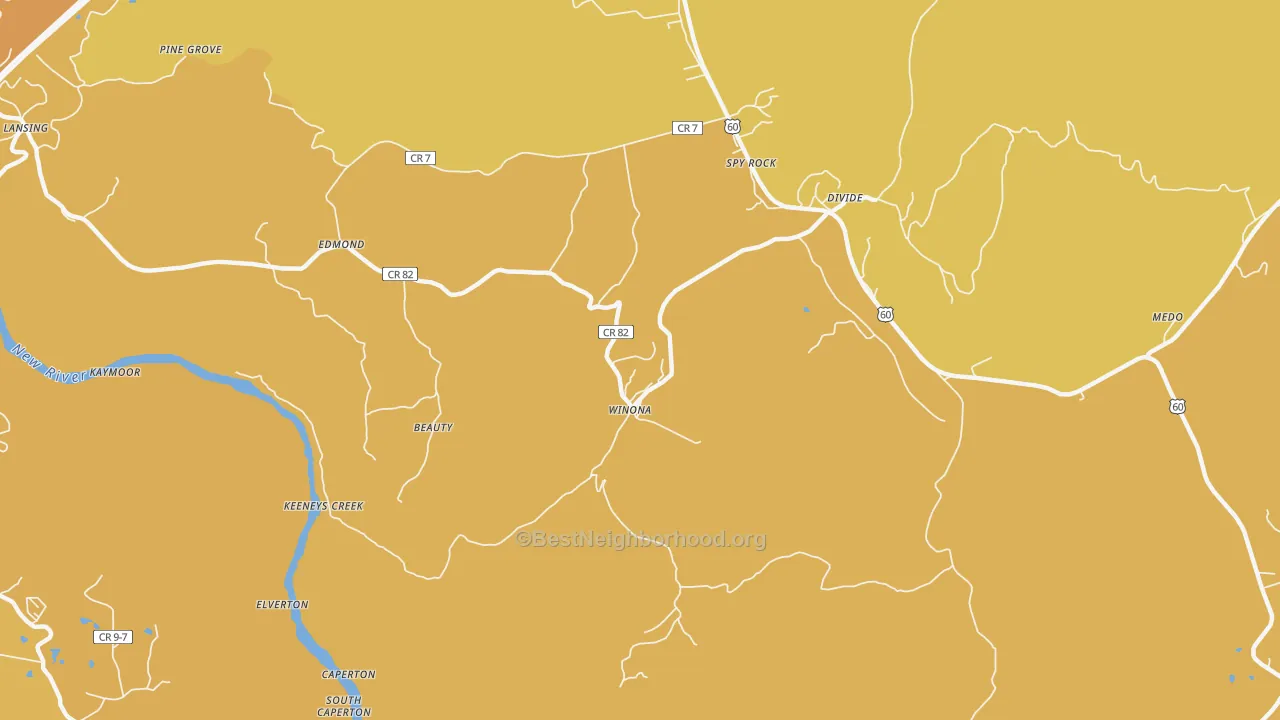 Map of the best neighborhoods in the Winona area, with better matches in green and worse matches in red