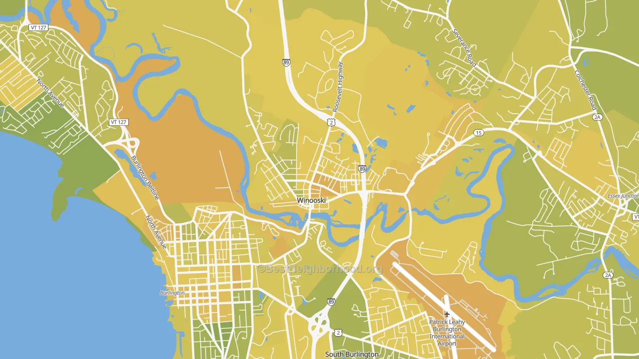 Map of the best neighborhoods in the Winooski area, with better matches in green and worse matches in red