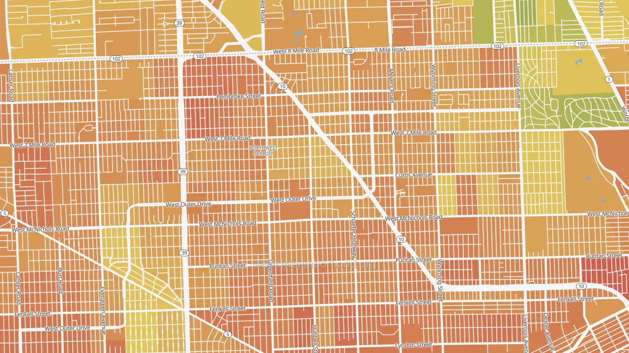 Map of the best neighborhoods in the Winship, Detroit area, with better matches in green and worse matches in red