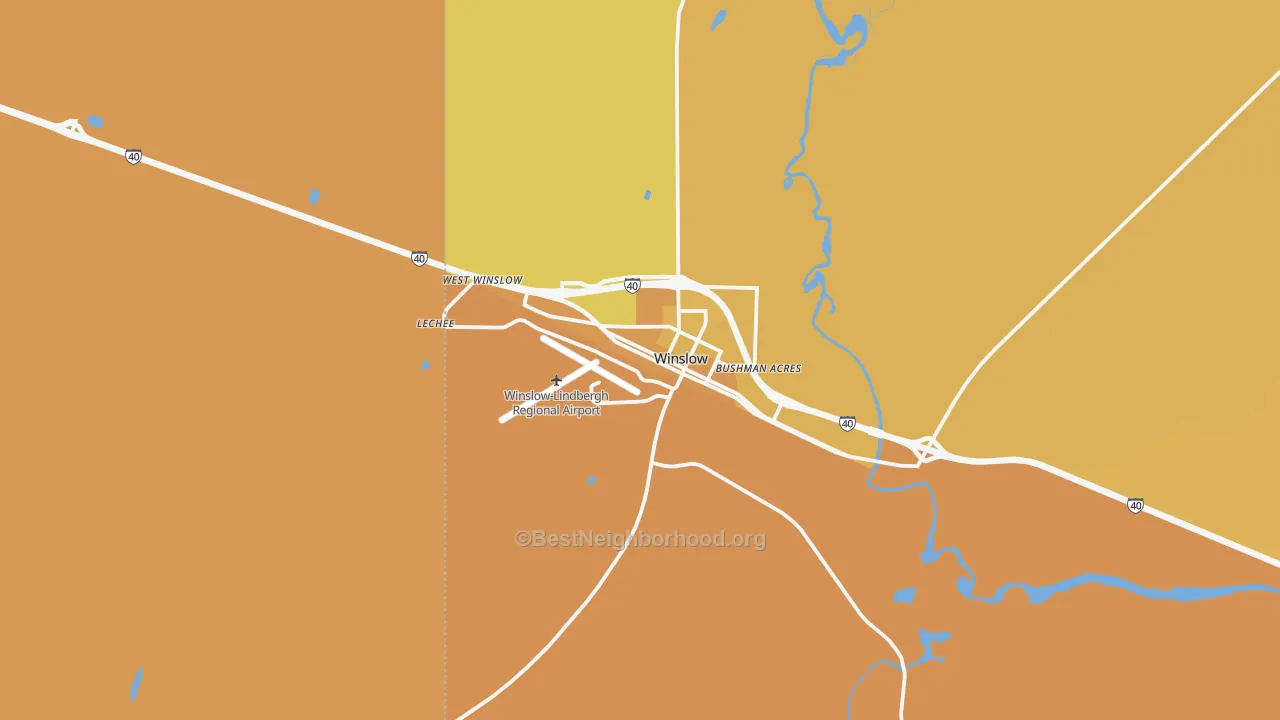 Map of the best neighborhoods in the Winslow area, with better matches in green and worse matches in red