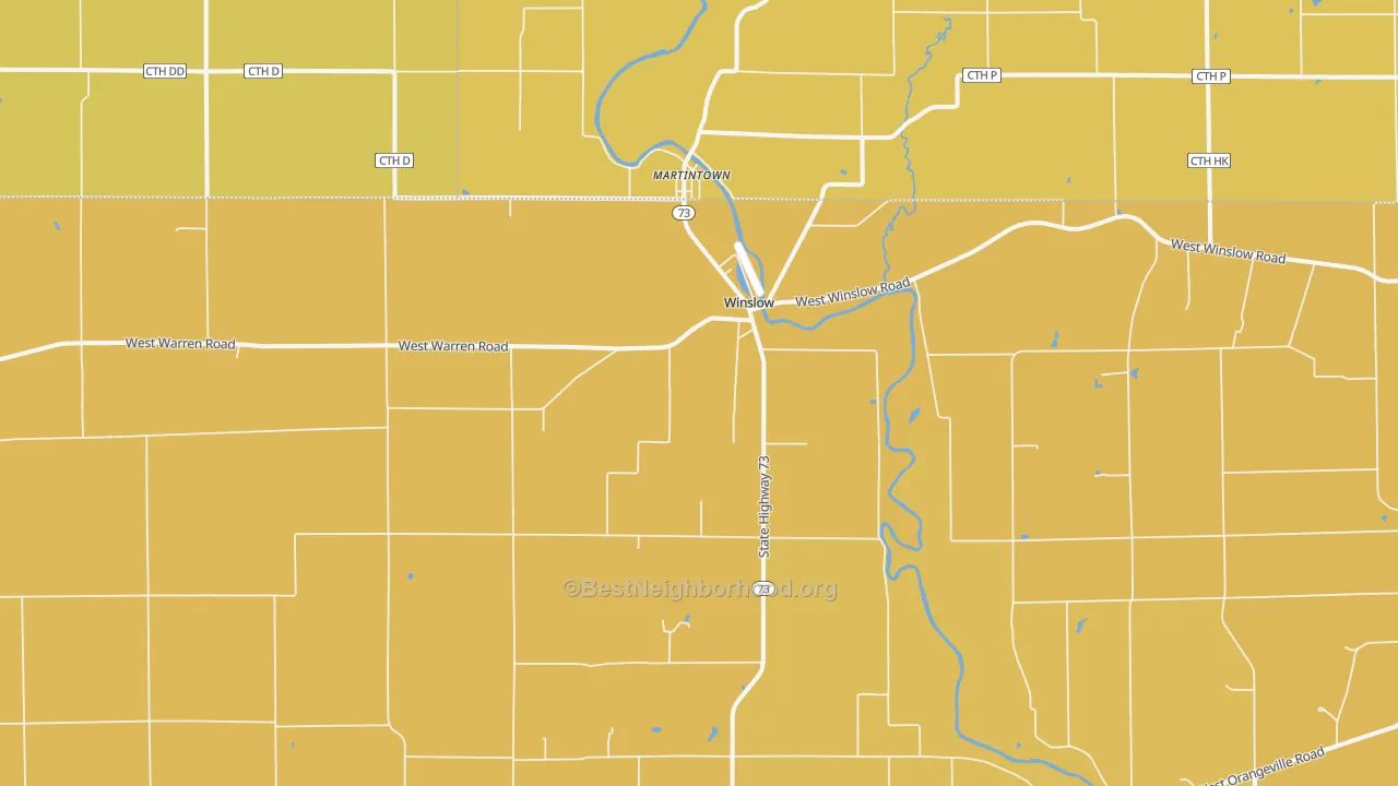 Map of the best neighborhoods in the Winslow area, with better matches in green and worse matches in red