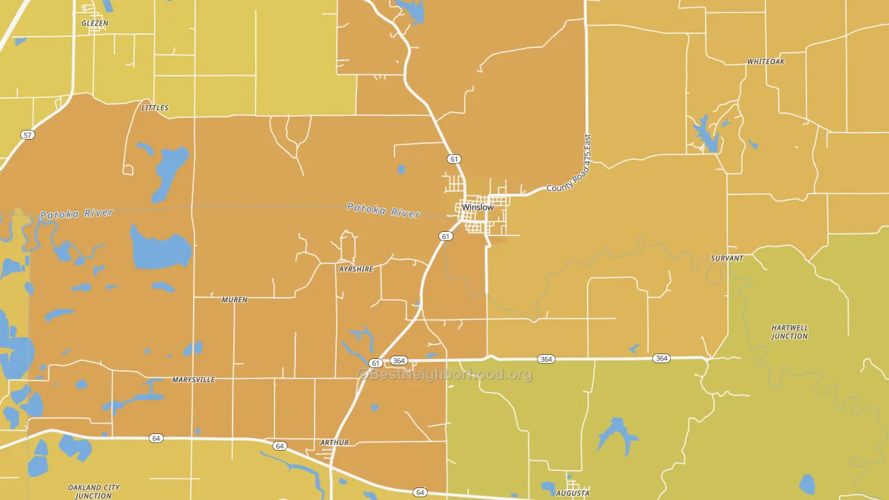 Map of the best neighborhoods in the Winslow area, with better matches in green and worse matches in red