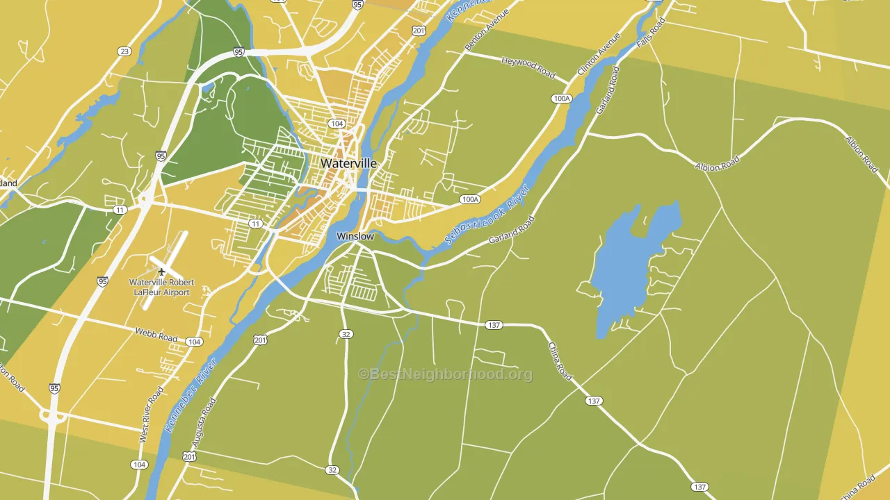 Map of the best neighborhoods in the Winslow area, with better matches in green and worse matches in red