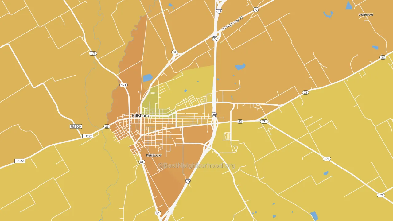 Map of the best neighborhoods in the Winslow area, with better matches in green and worse matches in red