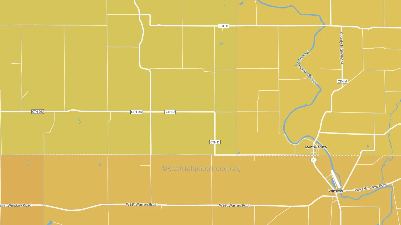 Map of the best neighborhoods in the Winslow area, with better matches in green and worse matches in red