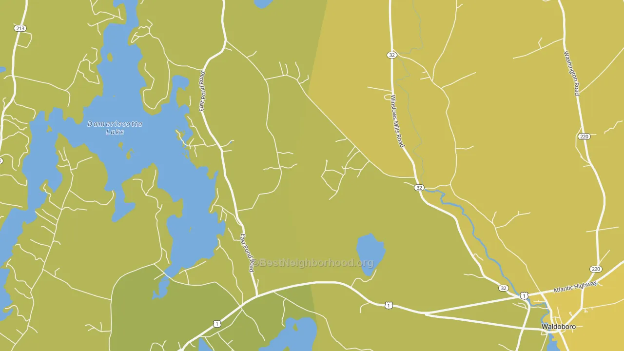 Map of the best neighborhoods in the Winslows Mills area, with better matches in green and worse matches in red