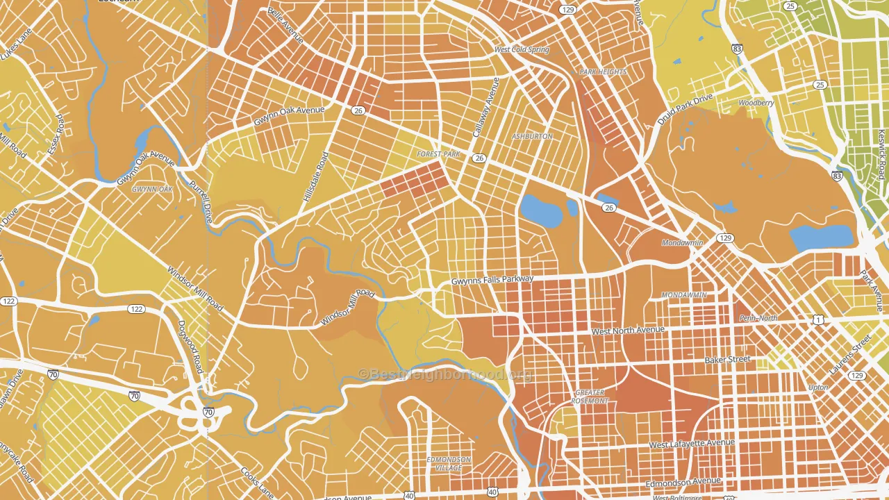 Map of the best neighborhoods in the Winsor Hills, Baltimore area, with better matches in green and worse matches in red