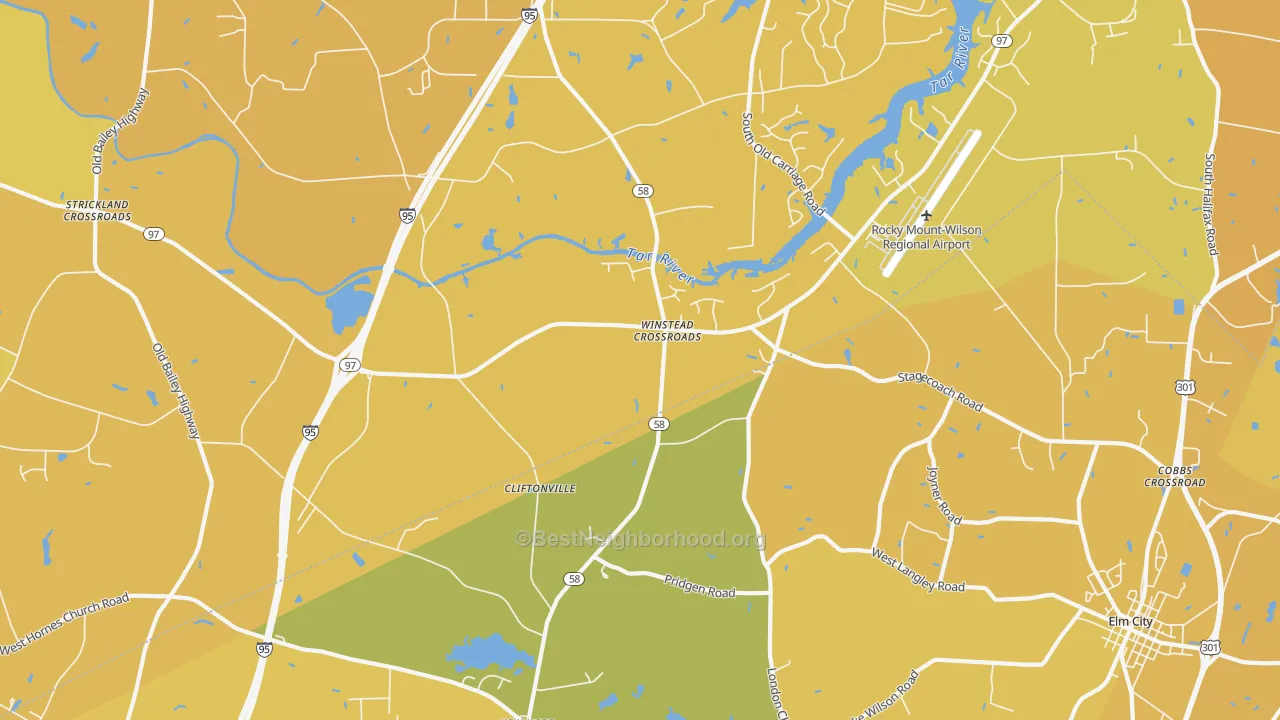 Map of the best neighborhoods in the Winstead Crossroads area, with better matches in green and worse matches in red