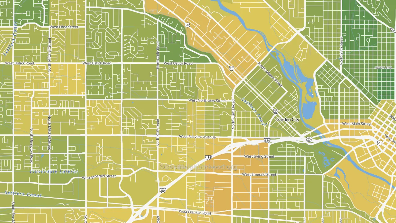 Map of the best neighborhoods in the Winstead Park, Boise area, with better matches in green and worse matches in red