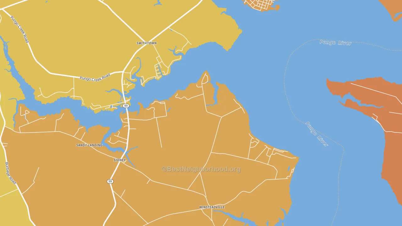 Map of the best neighborhoods in the Winsteadville area, with better matches in green and worse matches in red