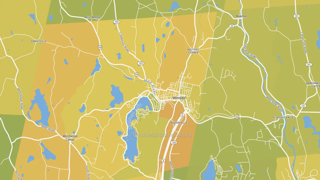 Map of the best neighborhoods in the Winsted area, with better matches in green and worse matches in red