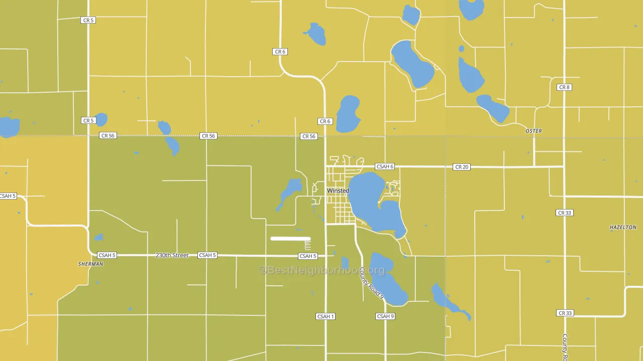 Map of the best neighborhoods in the Winsted area, with better matches in green and worse matches in red
