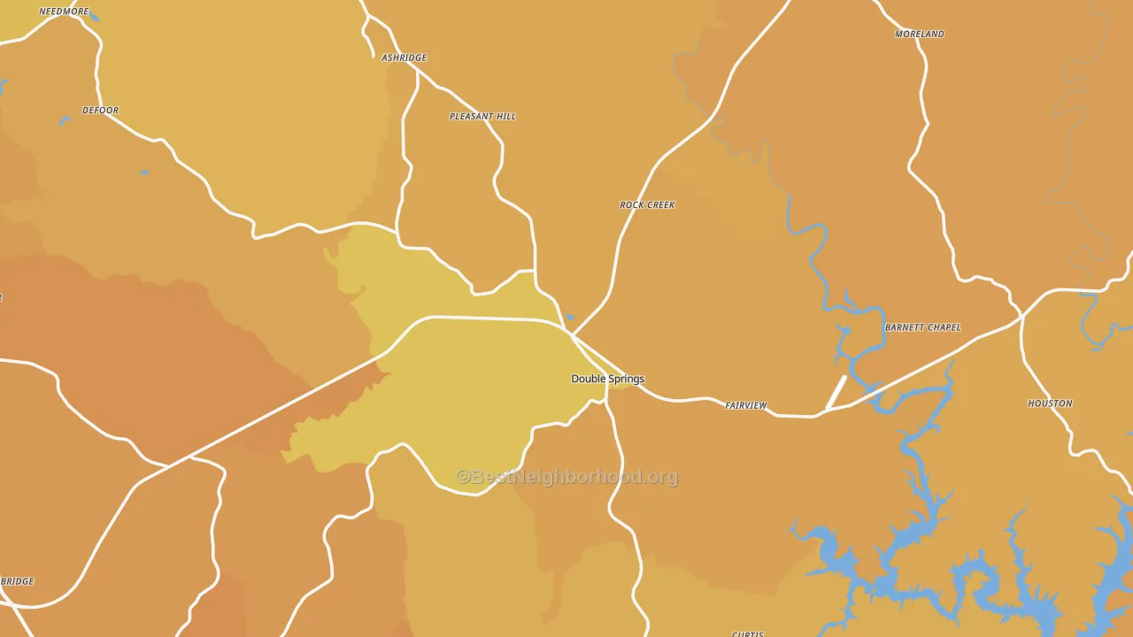 Map of the best neighborhoods in the Winston County area, with better matches in green and worse matches in red