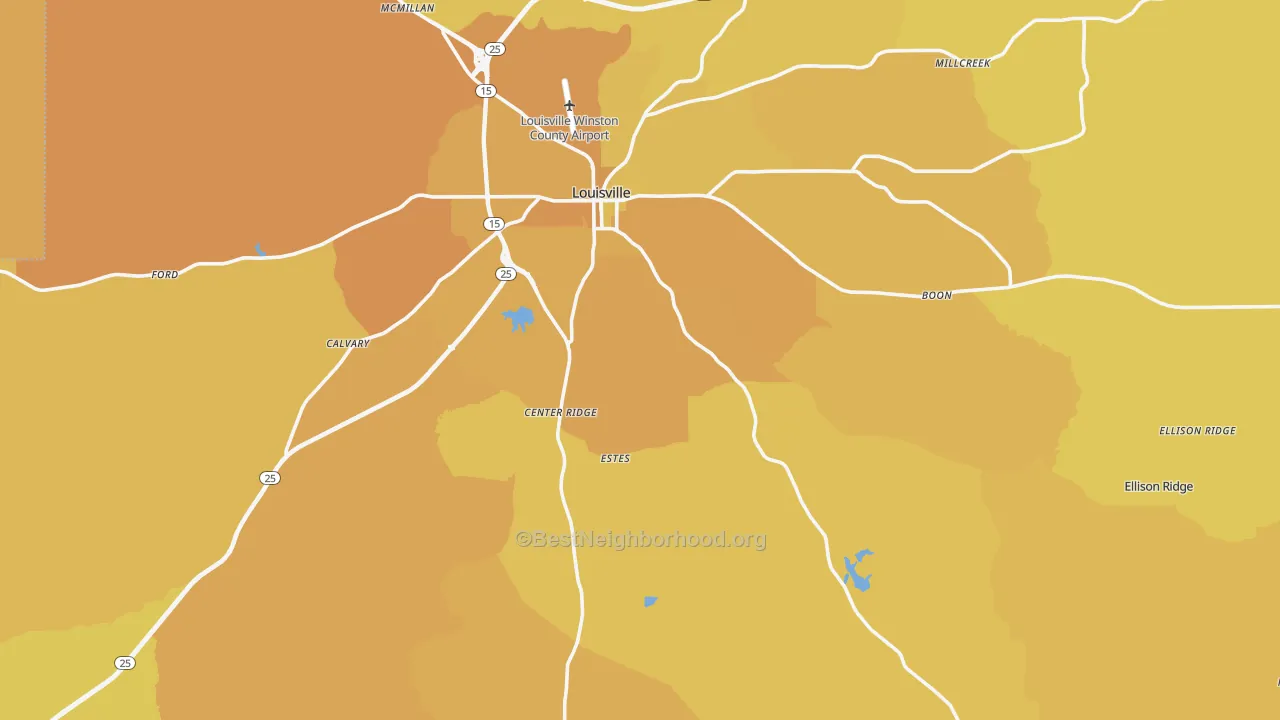 Map of the best neighborhoods in the Winston County area, with better matches in green and worse matches in red