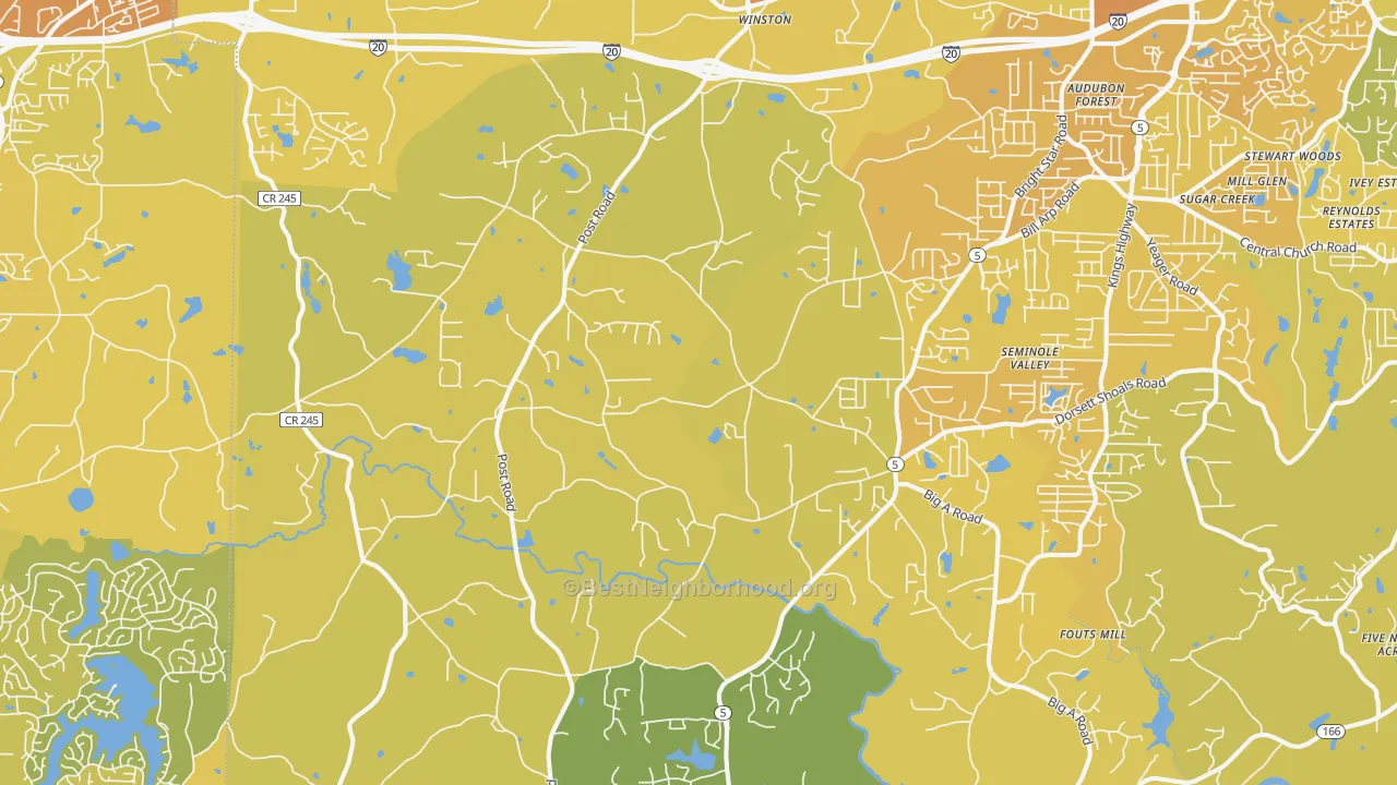 Map of the best neighborhoods in the Winston area, with better matches in green and worse matches in red