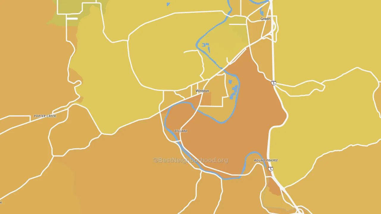 Map of the best neighborhoods in the Winston area, with better matches in green and worse matches in red