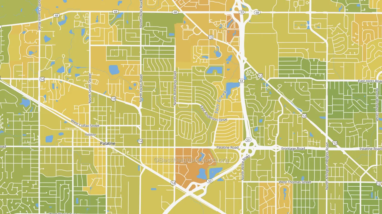 Map of the best neighborhoods in the Winston Park, Palatine area, with better matches in green and worse matches in red