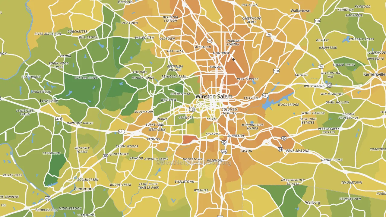 Map of the best neighborhoods in the Winston-Salem Metro area, with better matches in green and worse matches in red