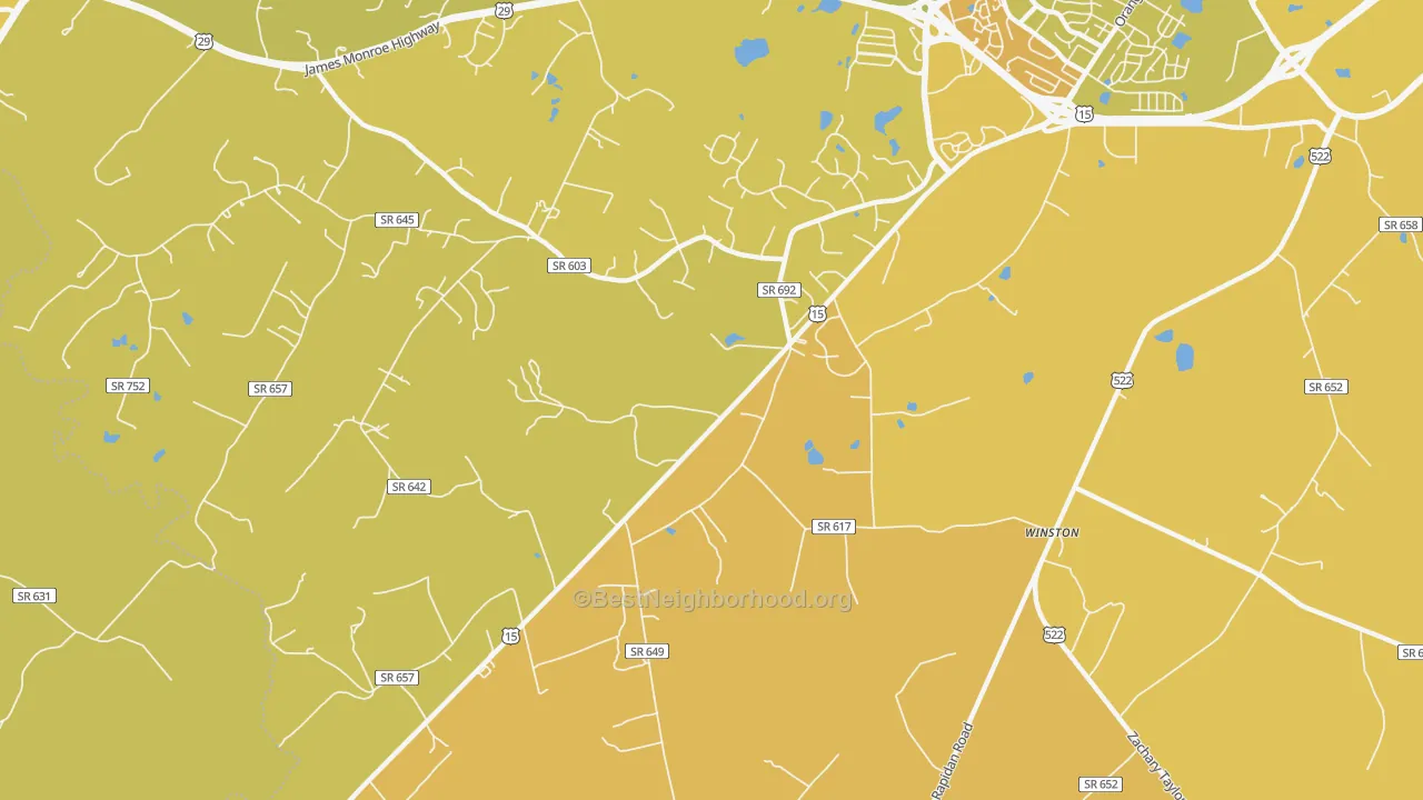 Map of the best neighborhoods in the Winston area, with better matches in green and worse matches in red