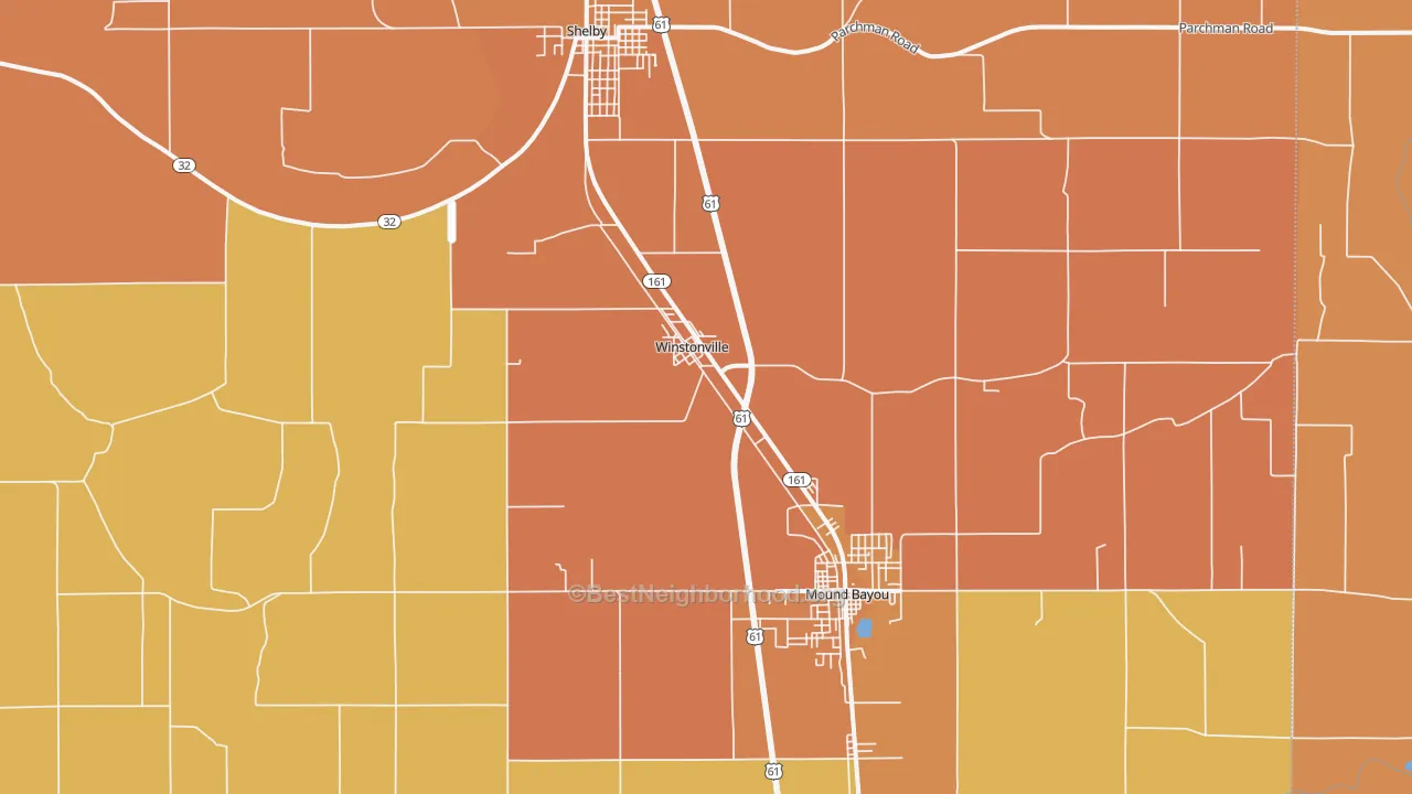 Map of the best neighborhoods in the Winstonville area, with better matches in green and worse matches in red