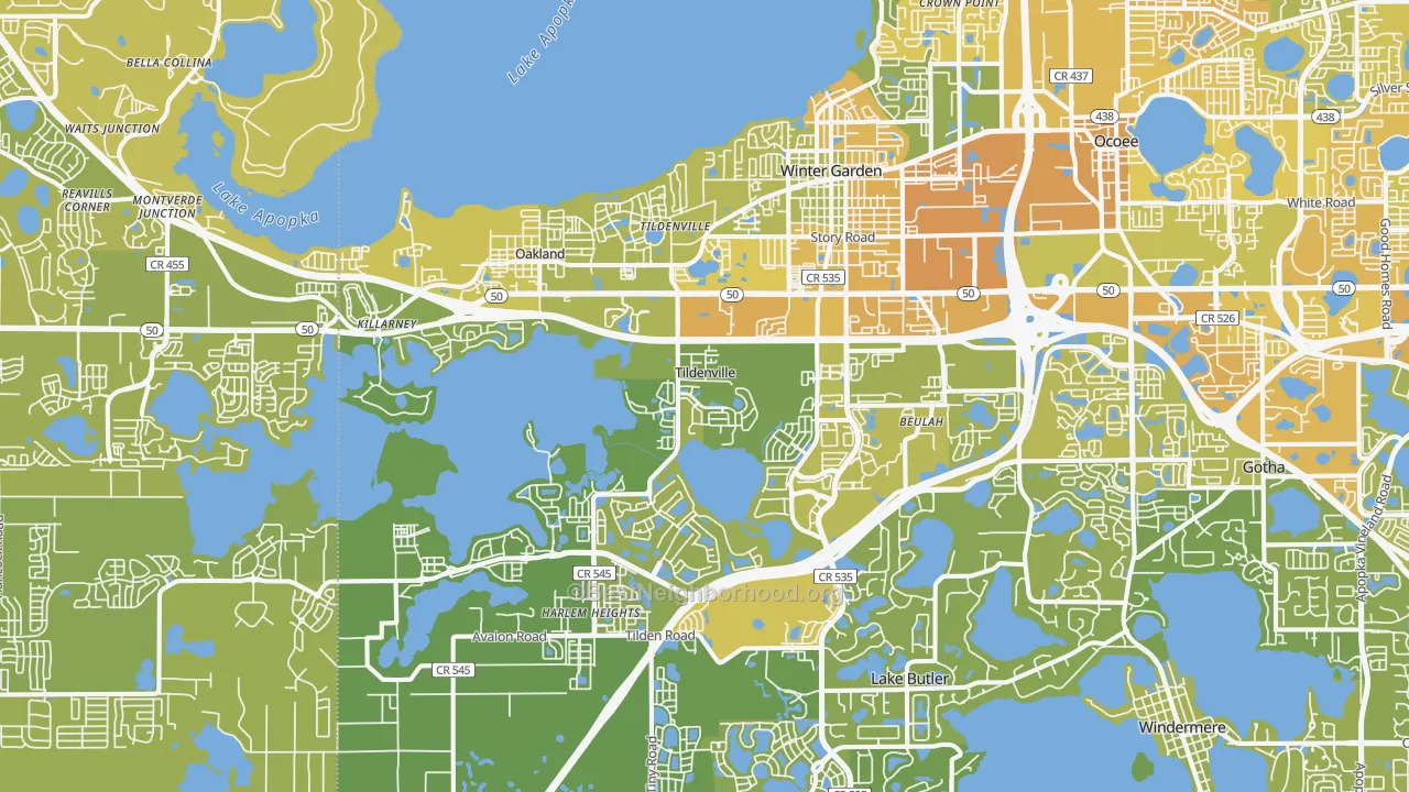 Map of the best neighborhoods in the Winter Garden area, with better matches in green and worse matches in red