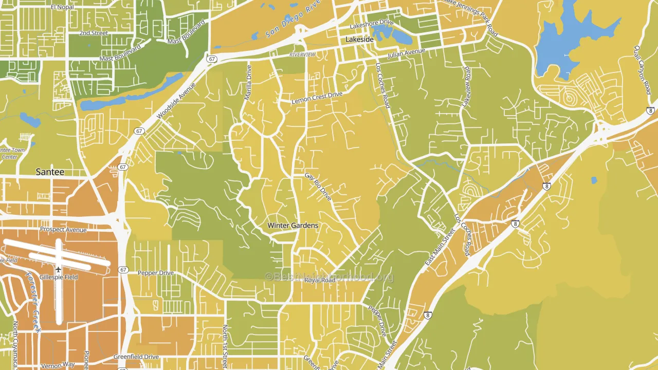 Map of the best neighborhoods in the Winter Gardens, Lakeside area, with better matches in green and worse matches in red