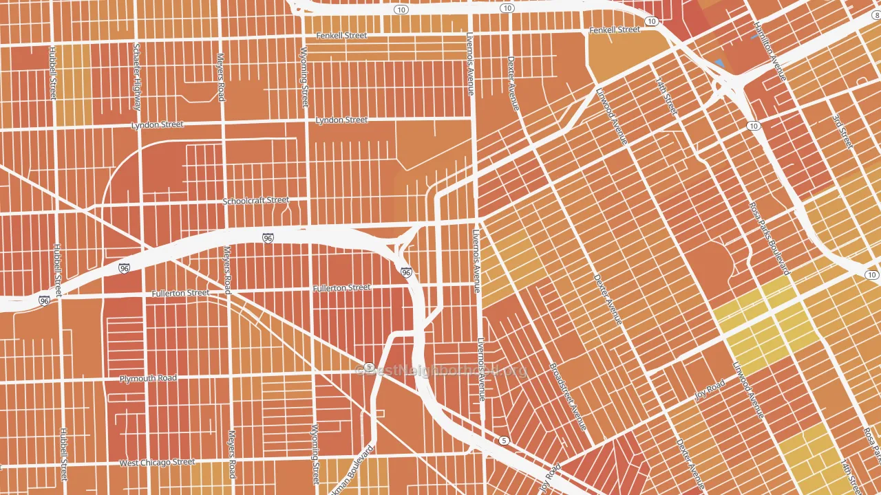 Map of the best neighborhoods in the Winter Halter, Detroit area, with better matches in green and worse matches in red