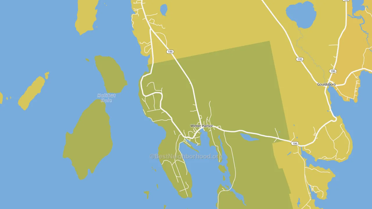Map of the best neighborhoods in the Winter Harbor area, with better matches in green and worse matches in red