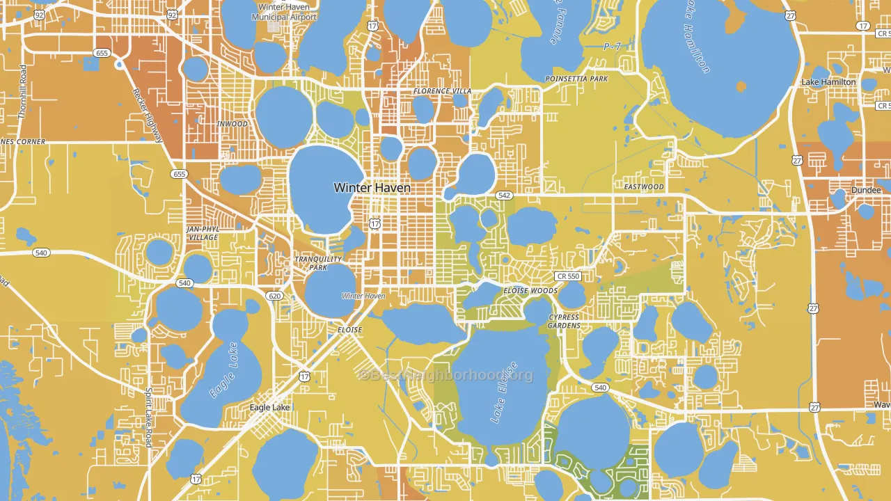 Map of the best neighborhoods in the Winter Haven area, with better matches in green and worse matches in red