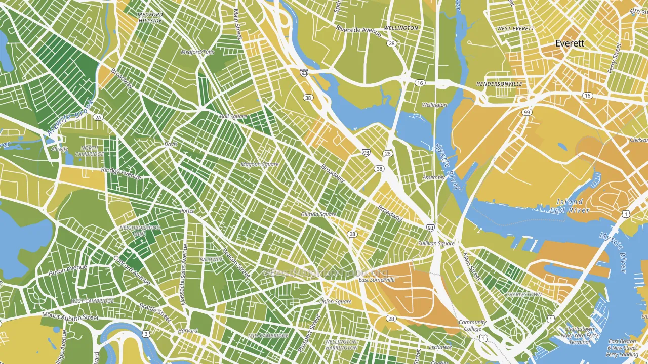 Map of the best neighborhoods in the Winter Hill, Somerville area, with better matches in green and worse matches in red