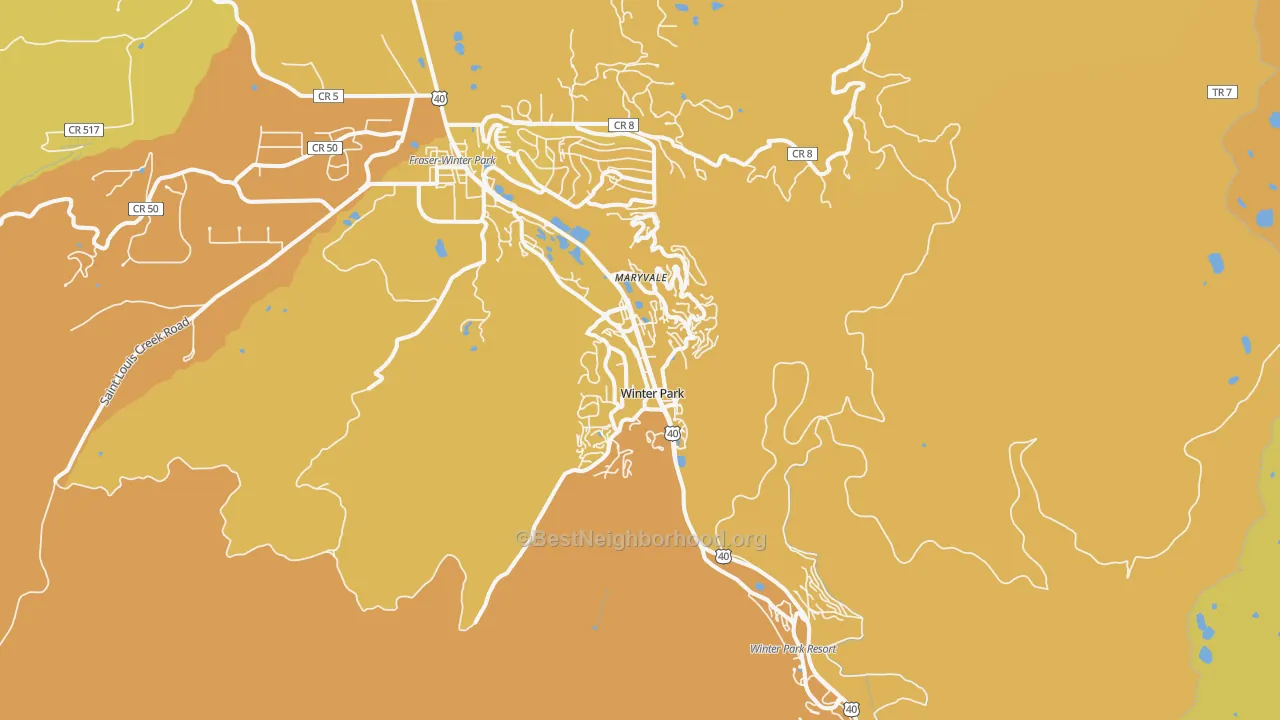 Map of the best neighborhoods in the Winter Park area, with better matches in green and worse matches in red