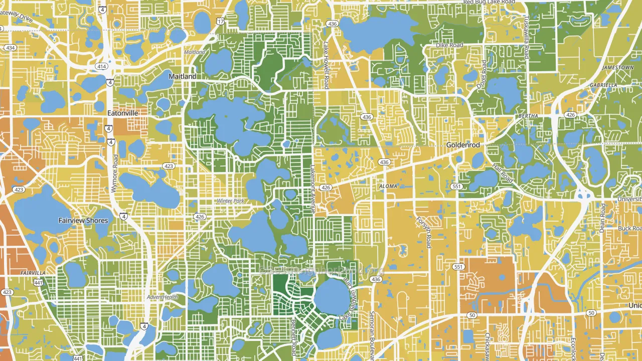 Map of the best neighborhoods in the Winter Park area, with better matches in green and worse matches in red
