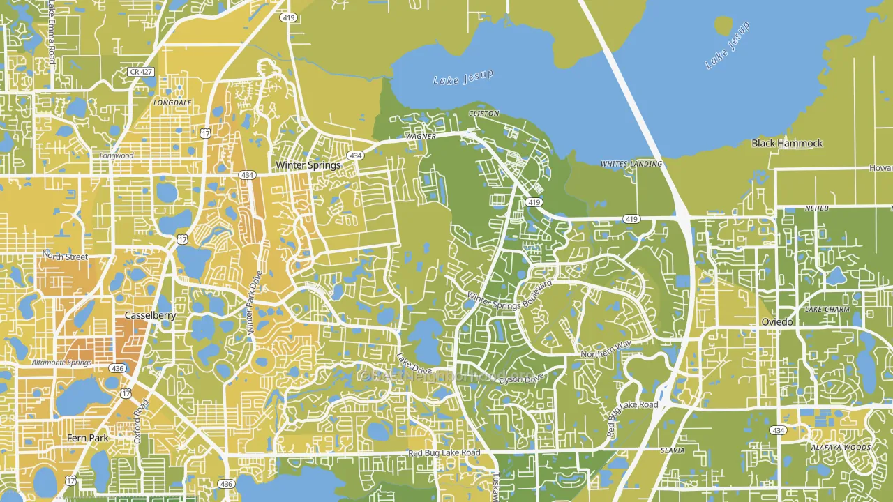 Map of the best neighborhoods in the Winter Springs area, with better matches in green and worse matches in red