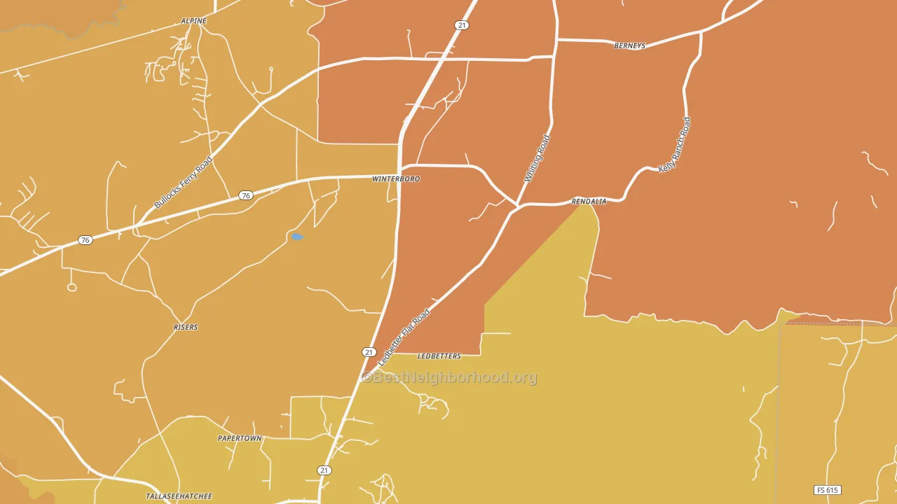 Map of the best neighborhoods in the Winterboro area, with better matches in green and worse matches in red