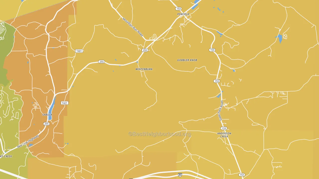Map of the best neighborhoods in the Winterburne area, with better matches in green and worse matches in red