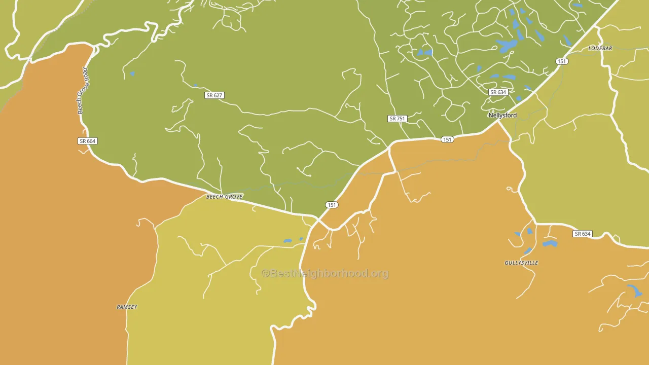 Map of the best neighborhoods in the Wintergreen area, with better matches in green and worse matches in red